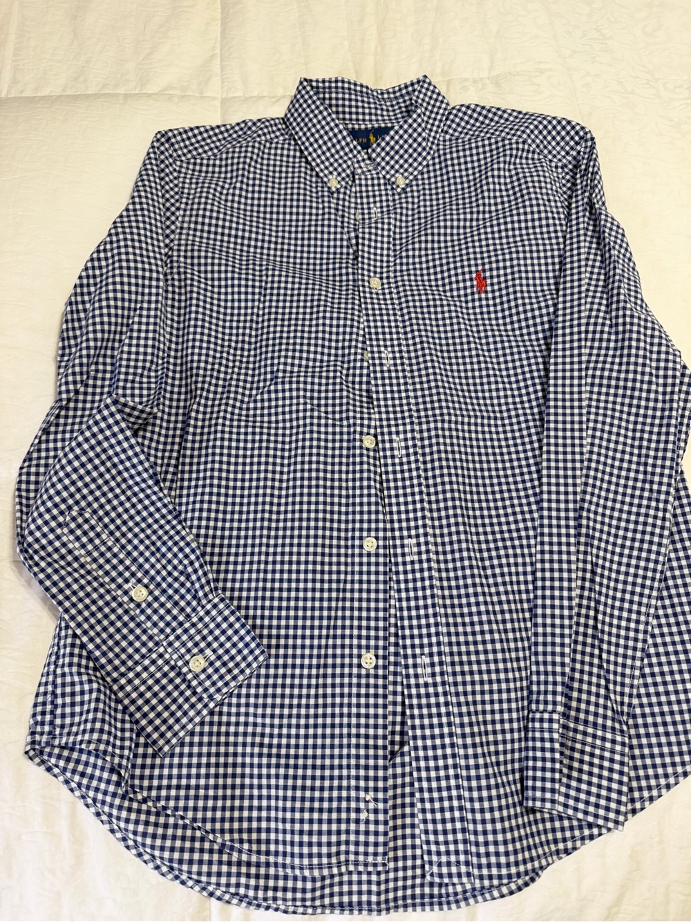 Polo Ralph Lauren Boys L 14-16 Blue White Gingham Button Down Shirt Red Pony